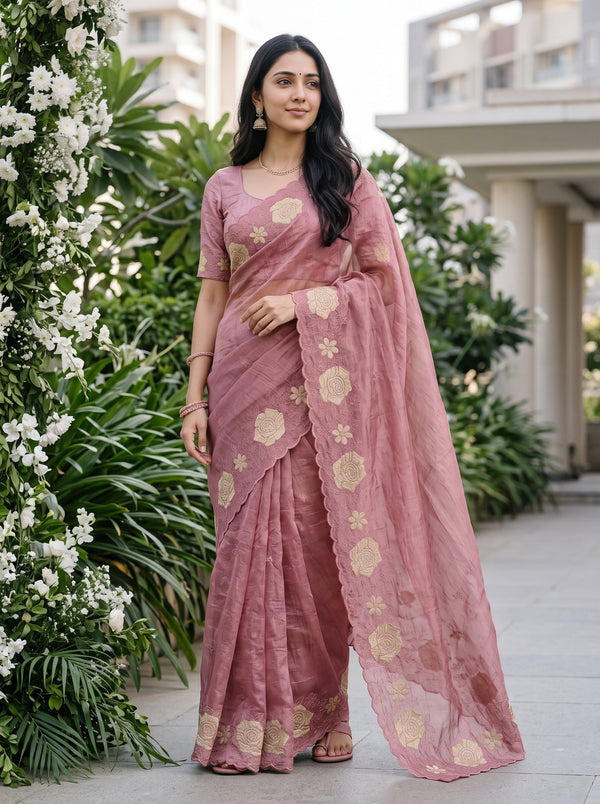 Organza Dusty Rose Pink Golden Rose Applique Floral Embroidered Scalloped Border Saree