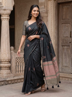 Matka Silk Black Peach Zari Arrow Butta Saree with Tassels
