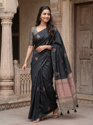 Matka Silk Black Peach Zari Arrow Butta Saree with Tassels
