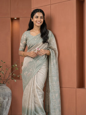 Mul Chanderi Sage Green Saree with Watercolor Floral Outline Print