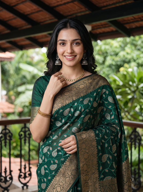 Cotton Silk Green Golden Zari Brocade Paisley Vine Saree