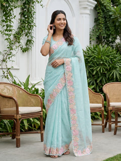 Organza Sea Blue Saree with 3D Floral Embellished Border