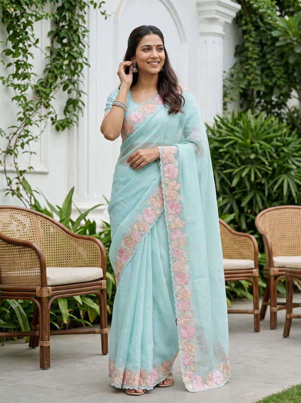 Organza Sea Blue Saree with 3D Floral Embellished Border