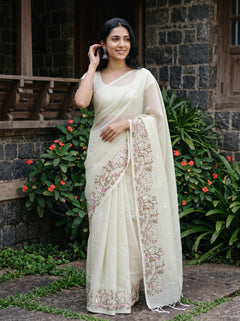Mul Chanderi Pale Green White Striped Animal Swan Lotus Embroidered Border Tassels Saree