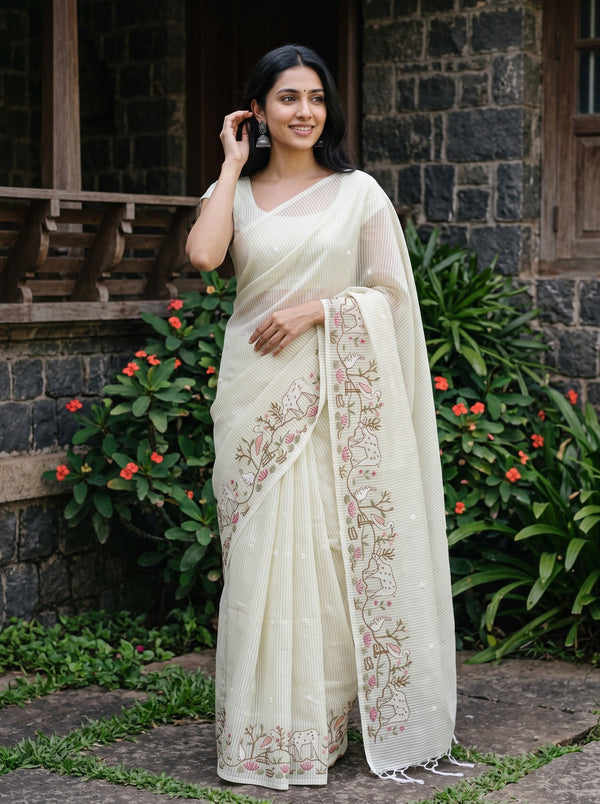Mul Chanderi Pale Green White Striped Animal Swan Lotus Embroidered Border Tassels Saree