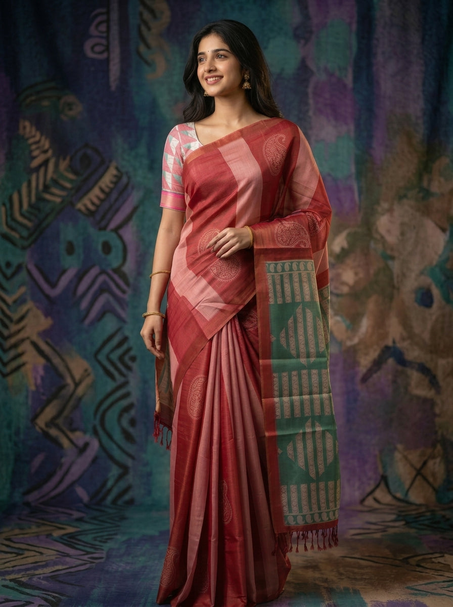 Tissue Silk Maroon-Pink Ombre Paisley Woven Saree with Contrast Green Pallu