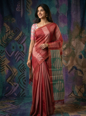 Tissue Silk Maroon-Pink Ombre Paisley Woven Saree with Contrast Green Pallu