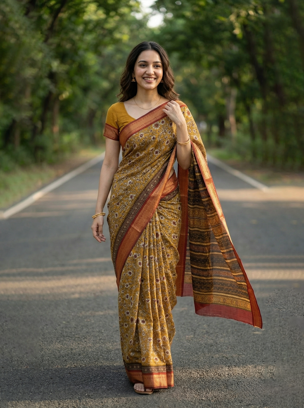 Chanderi Mustard Yellow Floral Printed Saree