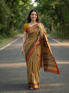 Chanderi Mustard Yellow Floral Printed Saree
