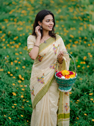 Tissue Cream Multicolor India Map Print Traditional Green Border Festive Kerala Saree