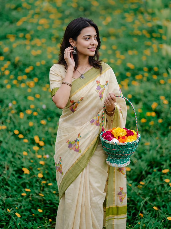Tissue Cream Multicolor India Map Print Traditional Green Border Festive Kerala Saree