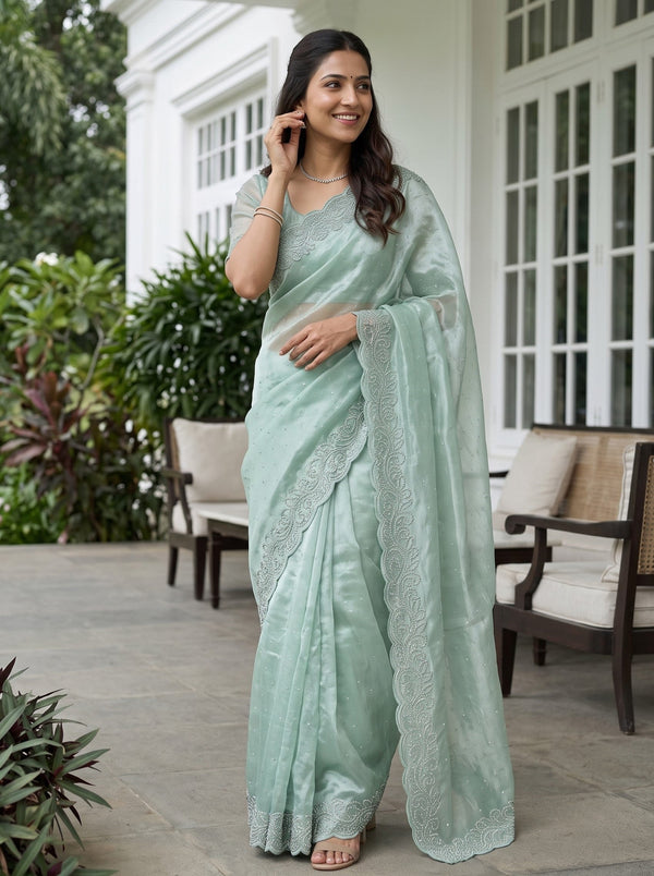 Organza Sea Blue Crystal Stone Work Beaded Scroll Vine Border Scalloped Edge Saree