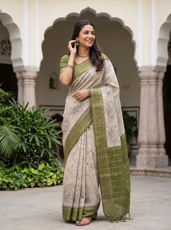 Pure Chanderi Off-White Black Kalamkari Peacock Print Saree