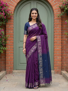 Cotton Purple Navy Blue Vine Border Booti Saree