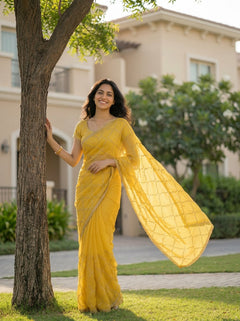 Organza Yellow Zari Embroidered Geometric Jaal Saree with Scalloped Border