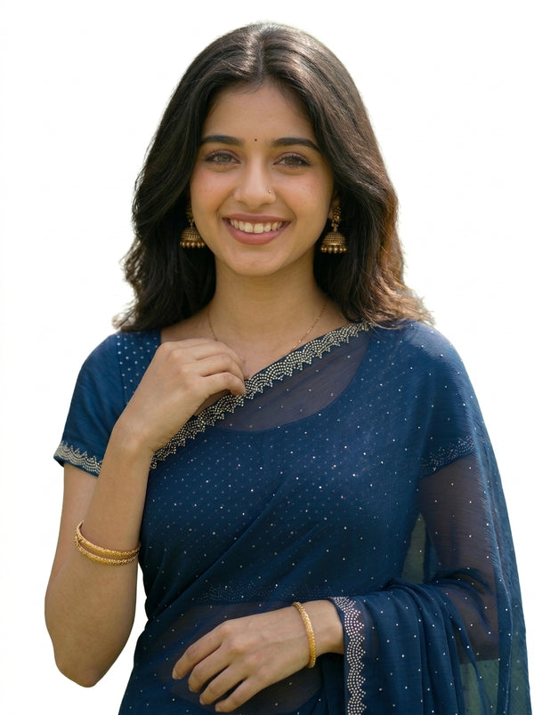 Georgette Navy Blue Stone Studded Saree with Pearl Beaded Border
