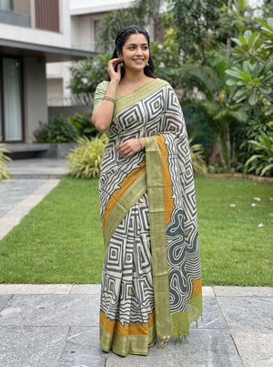 Pure Chanderi Ivory Black Abstract Wave Geometric Print Saree