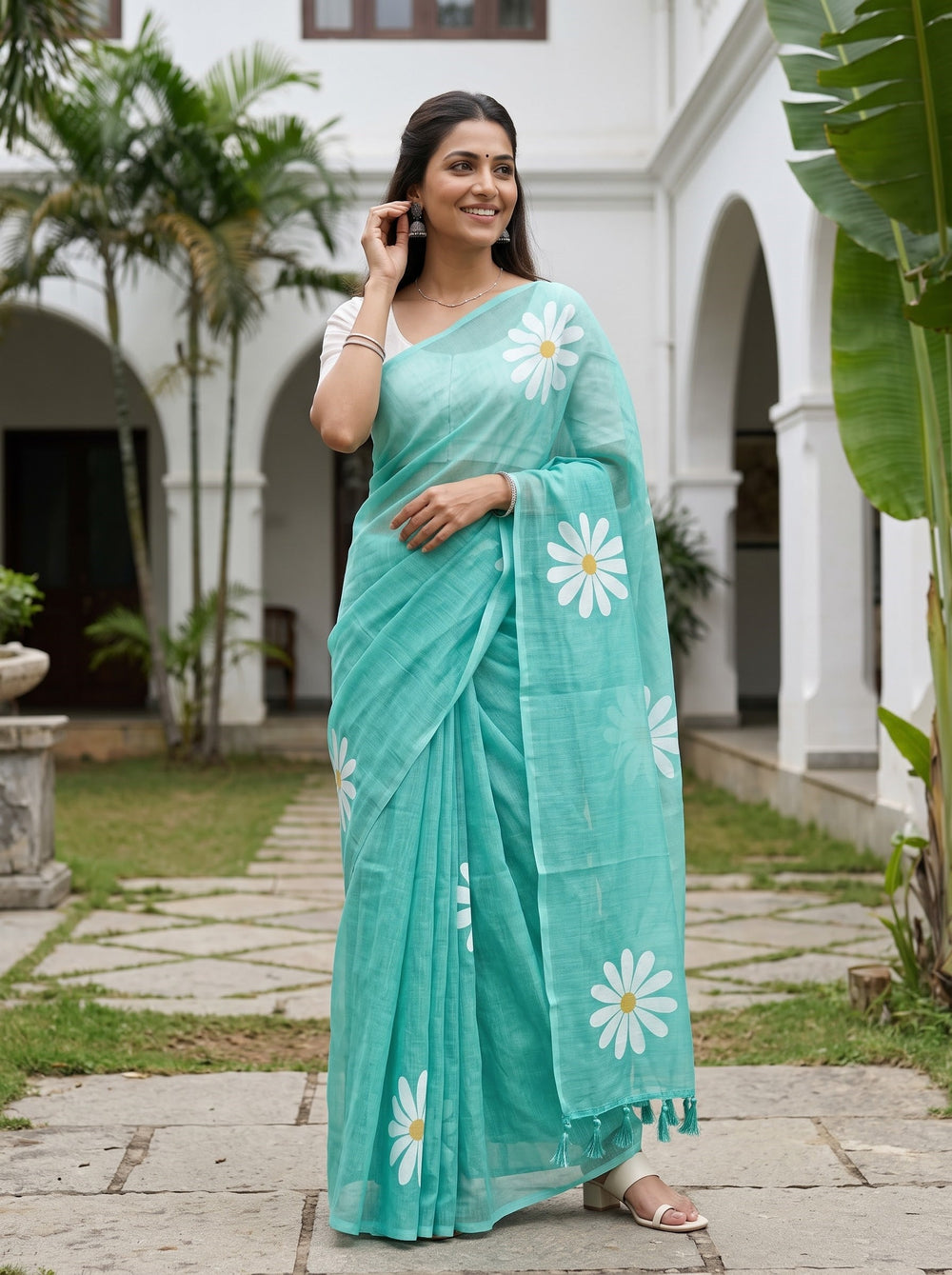 Cotton Turquoise White Daisy Floral Printed Pallu Green Tassels Saree