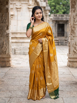 Kanjivaram Pure Silk Mustard Saree with Golden Zari Butta and Temple Border Pallu