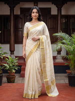 Cotton Cream Off-White Gold Ladder Stripe Checkbox Border Kerala Saree