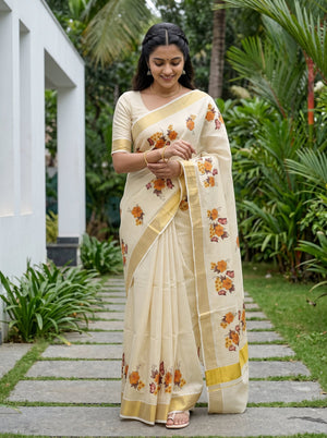Tissue Cream Orange Floral Print Kerala Saree with Butterfly Motif
