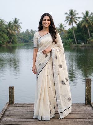 Cotton Off-White Black Leaf Print Onam Special Kerala Saree