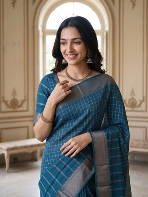 Semi Silk Peacock Blue Half-Striped Half-Checkered Saree with Tassels