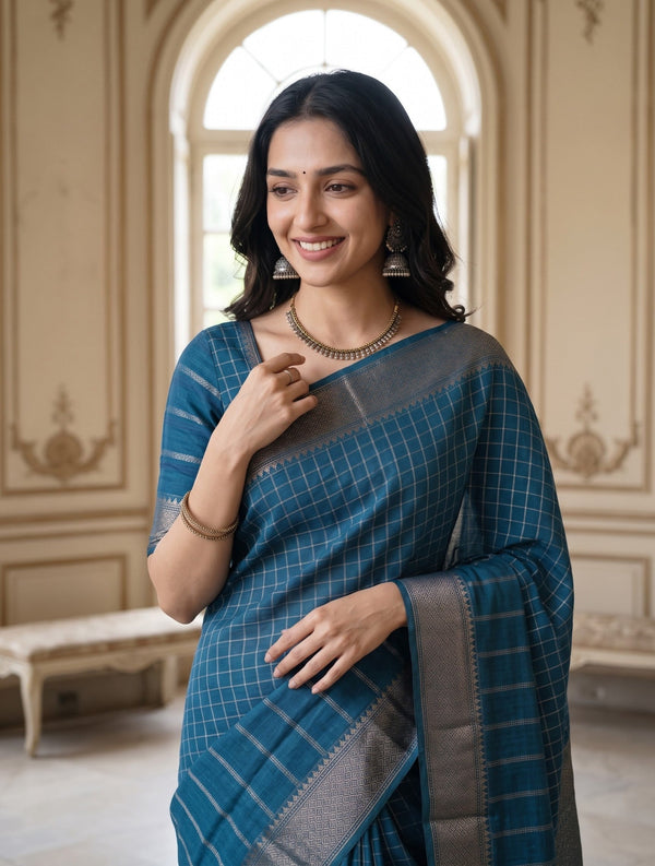 Semi Silk Peacock Blue Half-Striped Half-Checkered Saree with Tassels
