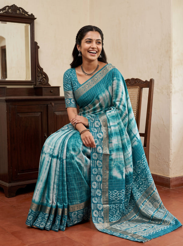 Chanderi Cotton Silk Teal White Shibori Batik Border Saree with Zari Trim