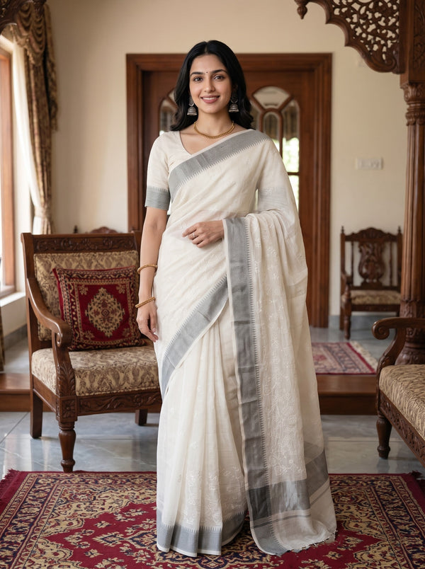 Kota Doria Ivory Self-Tone Floral Cutwork Grey Border Saree