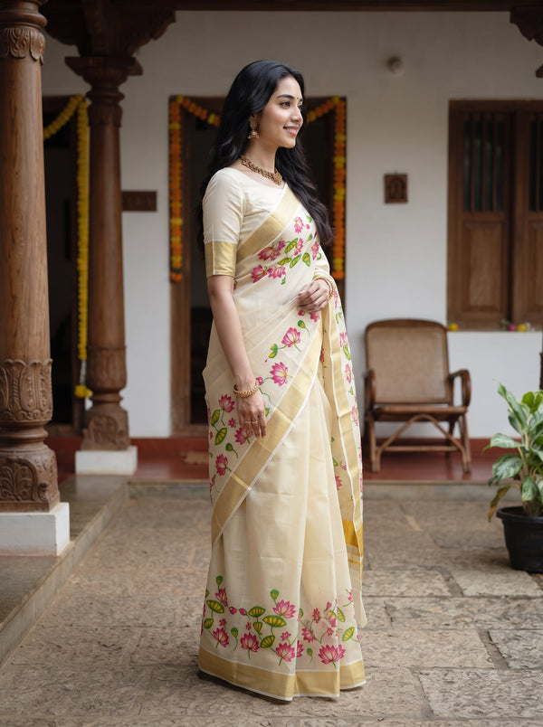 A woman wearing a cream-colored floral saree with a gold border and matching blouse, standing in a traditional courtyard with wooden pillars.