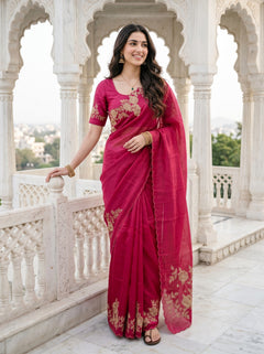 Raw Silk Rani Pink Golden Rose Vine Embroidered Pallu Saree with Scalloped
