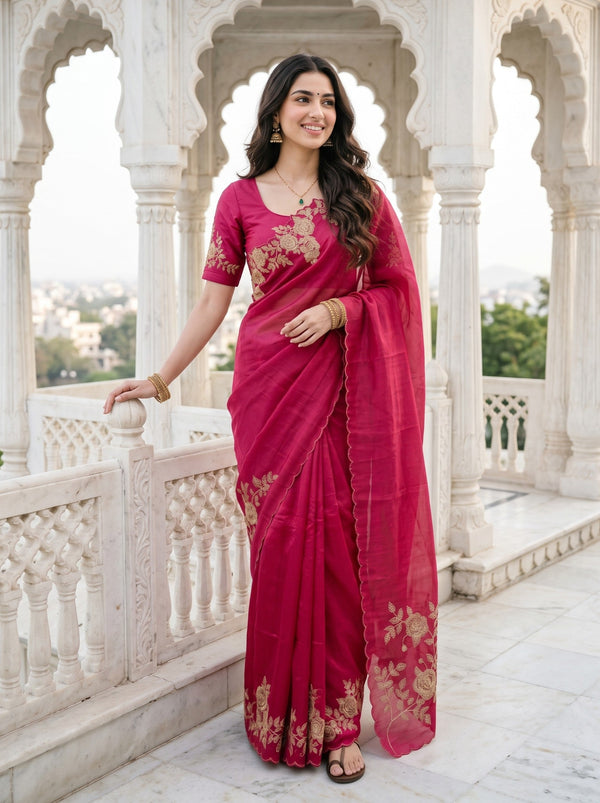 Raw Silk Rani Pink Golden Rose Vine Embroidered Pallu Saree with Scalloped