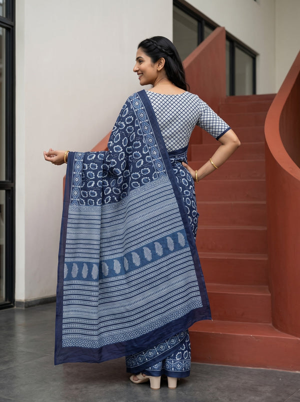 Cotton Navy Blue Saree with Bagru Leaf Block Print