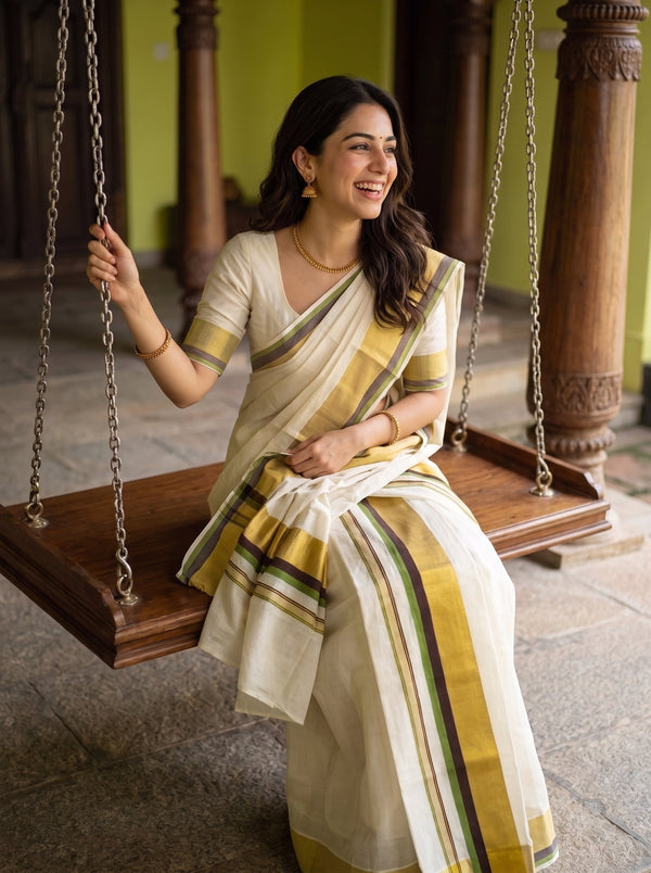 A woman wearing a cream-colored cotton saree with yellow, green, and brown stripes sits on a wooden swing in a traditional courtyard.
