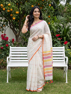 Linen Cream Saree with Multicolor Striped Pallu & Tassels