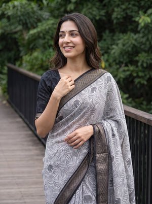 Polycotton White Black Elephant Procession Border Pallu Saree with Leaf Vine Block Print