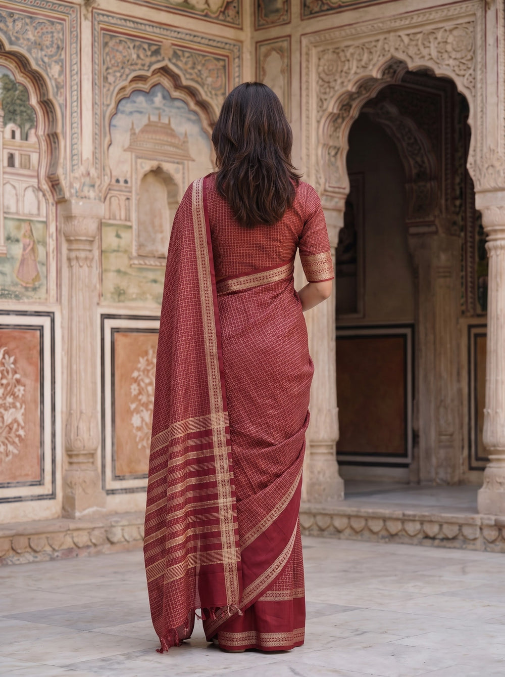 Semi Silk Red Saree with Golden Dotted Check Weave and Striped Border