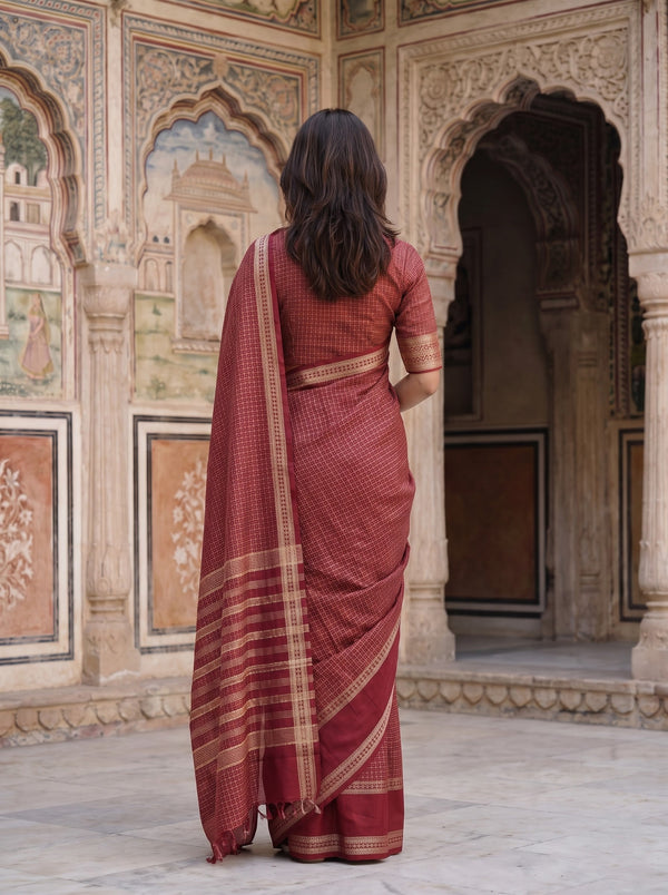 Semi Silk Red Saree with Golden Dotted Check Weave and Striped Border