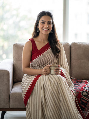 Synthetic Beige White Stripe Saree with Red Temple Border and Tribal Pallu