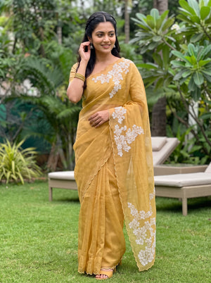 Organza Mustard Golden White Floral Cluster Embroidery Applique Pallu Scalloped Edge  Saree
