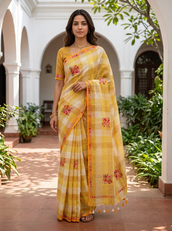Linen Mustard Yellow Check Bird Floral Bouquet Embroidery Border Saree