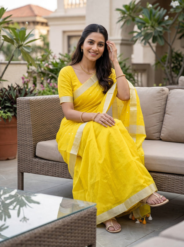 Chanderi Organza Yellow Sequin Work Saree with Gold Tissue Border and Tassels