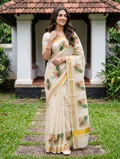 Tissue Cream Kerala Saree with Peacock Feather Floral Print Pallu, Golden Zari Border