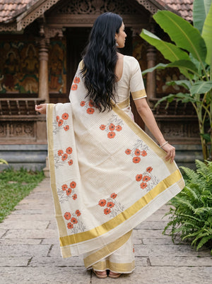 Cotton Cream Orange Cosmos Floral Print Kerala Saree with Golden Zari Border