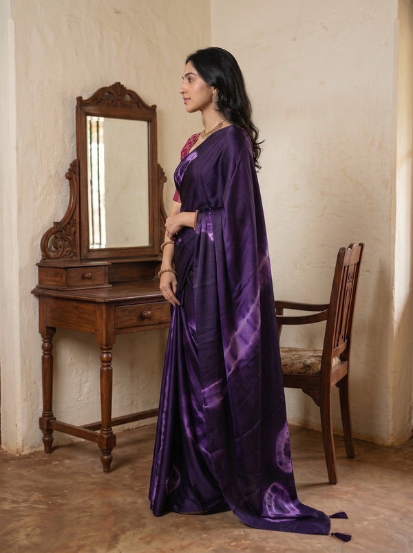 Synthetic Deep Purple Tie Dye Ring Pattern Saree with Tassels