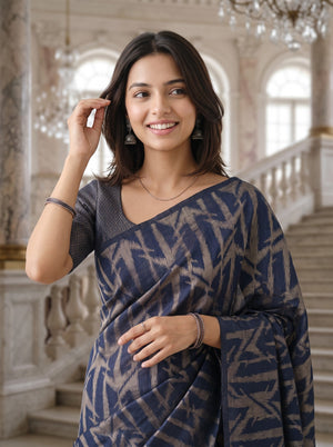 Semi Silk Navy Blue Zigzag Ikat Weave Saree with Tassels