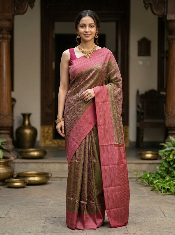Woman wearing a traditional saree in a decorative setting with vases and plants.
