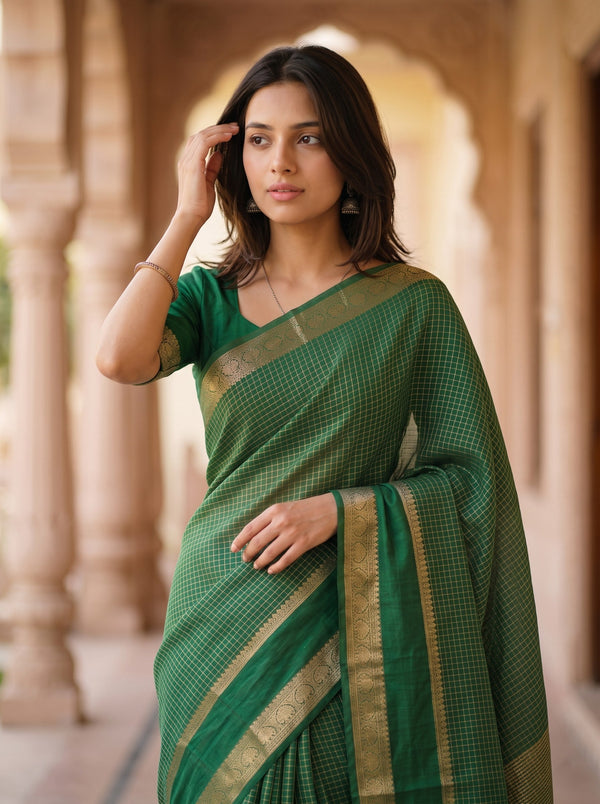 Semi Silk Bottle Green Golden Checkered Elephant Motif Saree