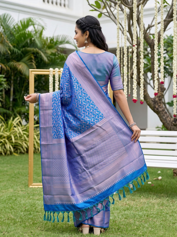 Kanjivaram Brocade Saree in Peacock Blue with Silver Floral Jaal Pallu